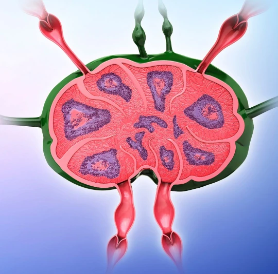 Schéma en coupe d'un ganglion lymphatique, présentant les vaisseaux lymphatiques afférents et efférents.